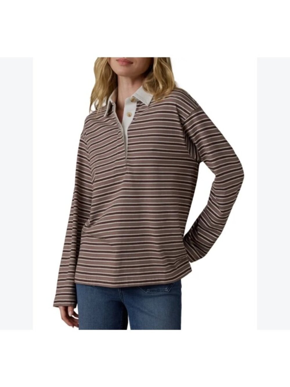 Faherty Womens Sz Medium Brown & White Long Sleeve Striped Polo Shirt